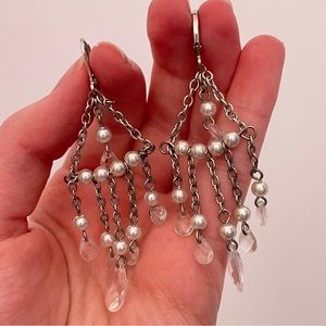 Vintage White Rhinestone Chandelier Winter Holiday Christmas Bridal Earrings